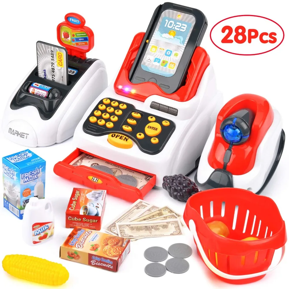 

Toy Cash Register with Checkout Scanner,Fruit Card Reader, Credit Card Machine, Play Money and Food Shopping Play Set for Kids