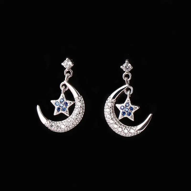 

100% 925 Sterling Silver Women Stud Earrings Moon Pentagram Star Shiny Small Blue and White Zircon Earring for Women Jewelry