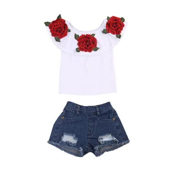 

3D Flower Sleeveless Tops + Denim Hot Pants Outfits Girls Clothing Set New Style Fashion Toddler Kids Baby Girls Clothes