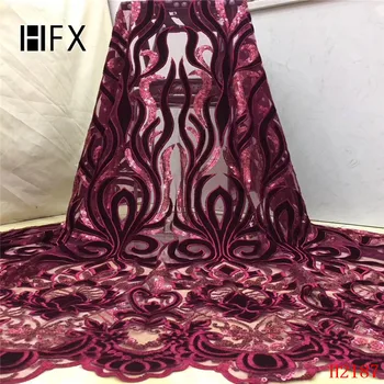 

HFX African Lace Fabric Velvet Nigeria Embroidered Wedding Dress 2019 High Quality Tulle Sequin Wine French Lace Fabric X2187