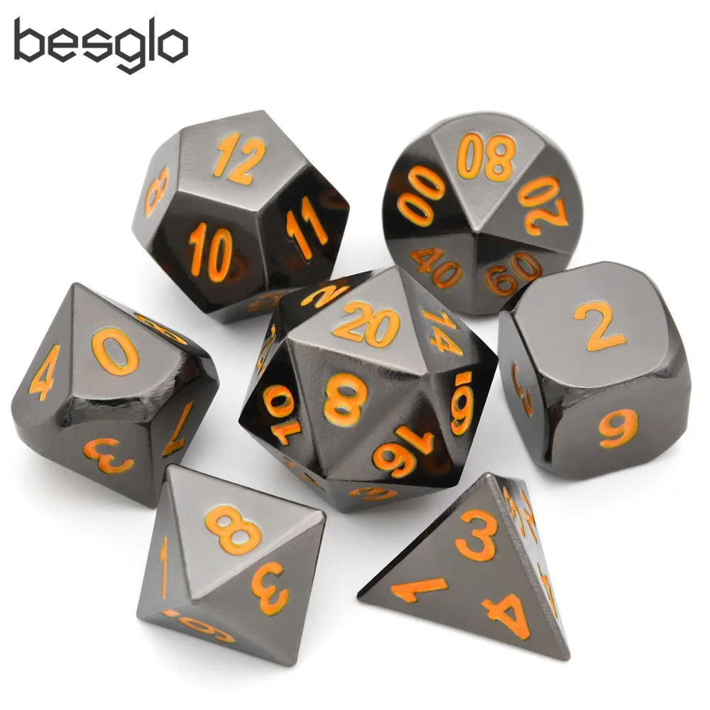 

Black Chrome Metal RPG Set with Orange Numbers for Dungeons and Dragons RPG Dice Gaming and Math Teaching Dice Pouch