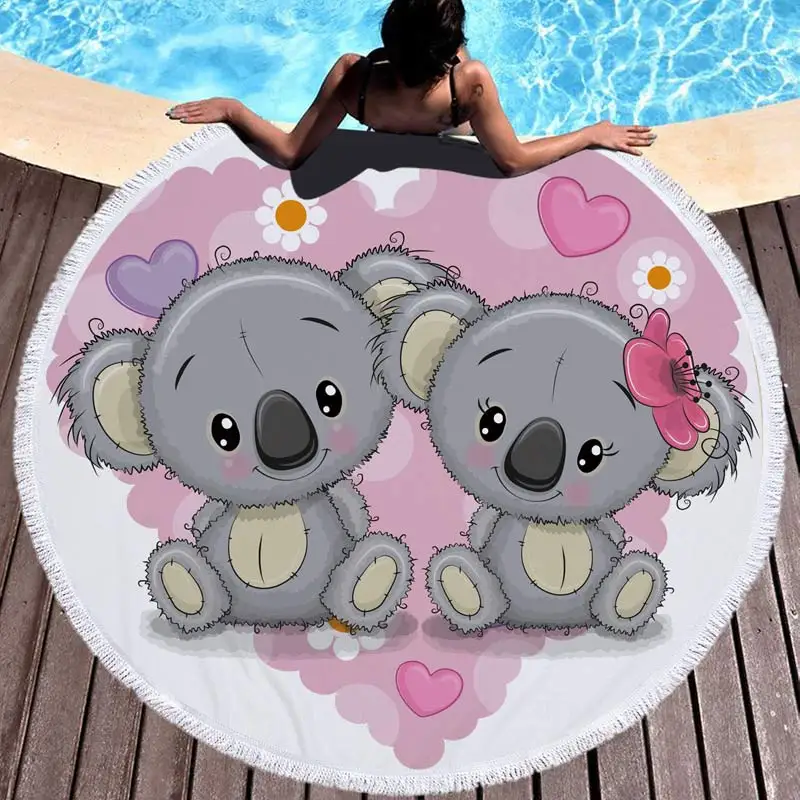 

Lannidaa Cartoon Bear Printed Tassels Round Beach Towel For Kids serviette de plage 150cm Microfiber Toalla Blanket Home Textile