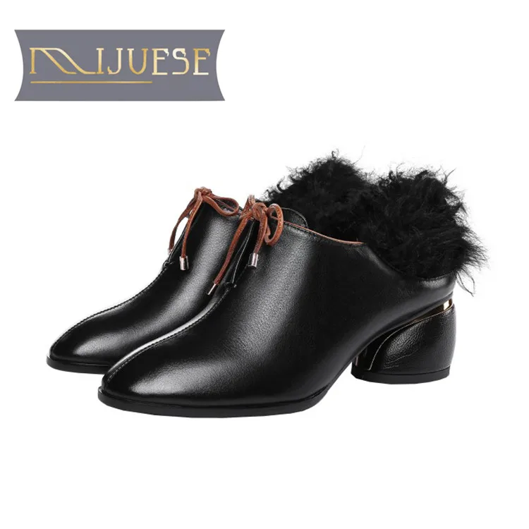 

MLJUESE 2018 women pumps cow leather lace up black color round toe autumn winter short plush high heels lady shoes size 34-43