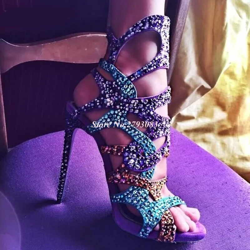 

Luxury Laser Bling Bling Crystal Sandals Women Stiletto High Heels Fashion Ladies Party Shoes Summer Women Open Toe Ankle Boots