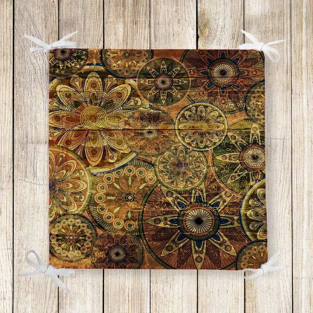 cheap Else Brown Yellow Black Ottoman Vintage Print Chair Pad Seat Cushion Soft Memory Foam Full Lenght Ties Non Slip Washable Zipper