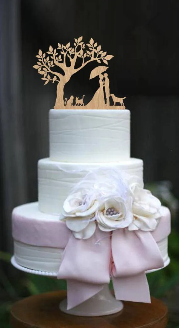 Mixed Style Bride and Groom with Dog and Cat Silhouette Tree Wedding Engagement Cake Topper Rustic Wood free shipping - Цвет: Светло-серый