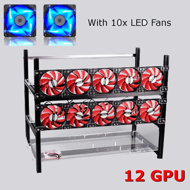 

12 GPU Open Air Mining Frame with 10 x LED Fans Aluminum Stackable Mining Bracket For Ethereum BTC