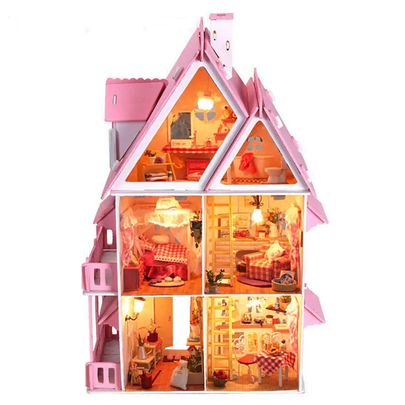 

iiE Create DIY Lovely Pink Princess Wood Dream House With Light Miniature And Furniture Large Villa