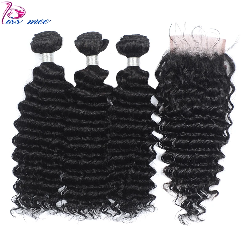 

Kiss Mee Deep Wave Human Hair Bundles With Lace Closure Deep Curly 3 Bundles With Closure Baby Hair Remy Brazilian Hair Weave