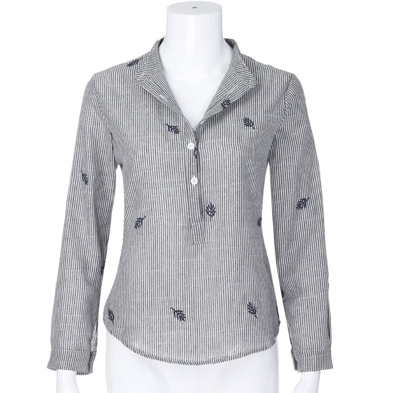 Fashion womens tops and blouses summer Autumn 2018 Linen Striped Stand Collar Embroidery Long Sleeve Shirt camicette Y30#N  (8)