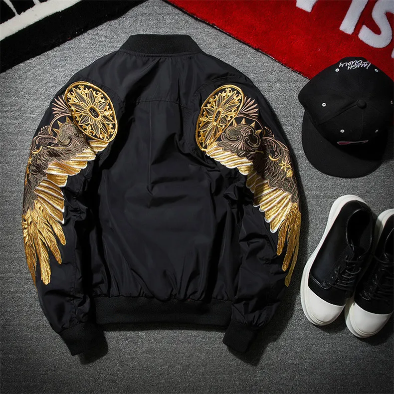 

Mens Autumn Jacket Embroidery Gold Eagle Wings Stand Collar Bomber Jacket Fashion Outwear Men's Coat Bomb Brand New