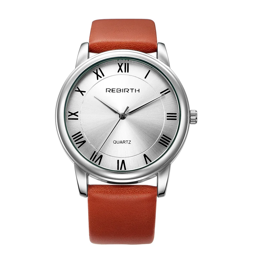 REBIRTH Бизнес Кварцевые часы оригинальные Модные Винтажные простые унисекс кожаные Наручные часы женские часы - Цвет: Brown quartz watch