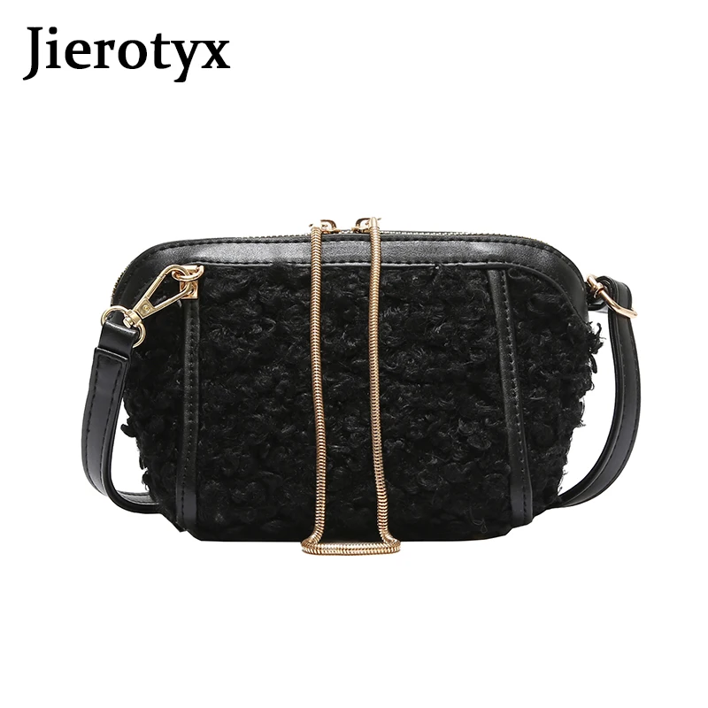 

JIEROTYX Shell Bag Women Small Shoulder Bag Women Black Winter Wool Chains Fashion Punk Messenger Bags Lady Zipper Drop Shipping