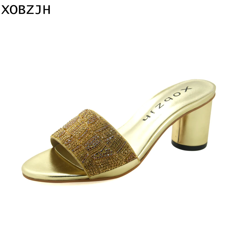 XOBZJH Rhinestone Sandals Women 2018 Fashion Summer Open Toe Female Slip-On Gold Sandals High Heel Party Shoes Heel 2.5 Inch