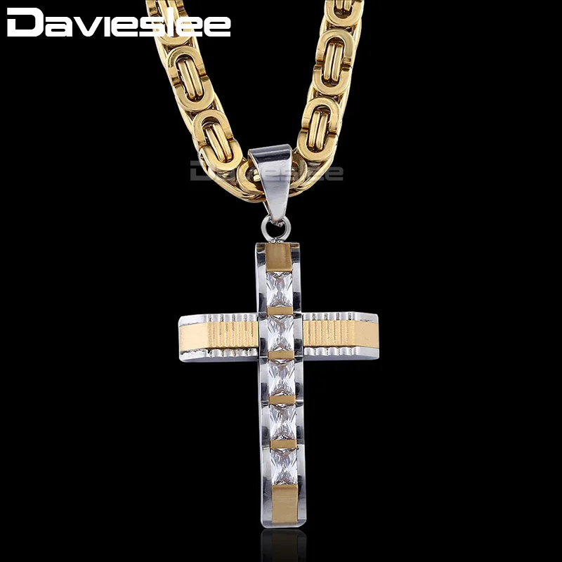 Prix pour Davieslee Mens Chaîne Garçons Sculpté Or Argent Noir Tone Croix En Acier Inoxydable Pendentif Collier Effacer Strass DLKPM86 Prix pour Davieslee Mens Chaîne Garçons Sculpté Or Argent Noir Tone Croix En Acier Inoxydable Pendentif Collier Effacer Strass DLKPM86