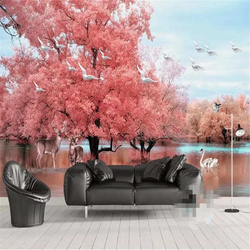 Fantasy pink tree elk landscape TV background wall professional production mural wholesale wallpaper mural custom photo wall Fantasy pink tree elk landscape TV background wall professional production mural wholesale wallpaper mural custom photo wall