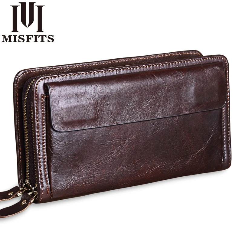 MISFITS Cowhide Men Clutch Wallets Genuine Leather Long Purses Business Large Capacity Wallet Double Zipper Phone