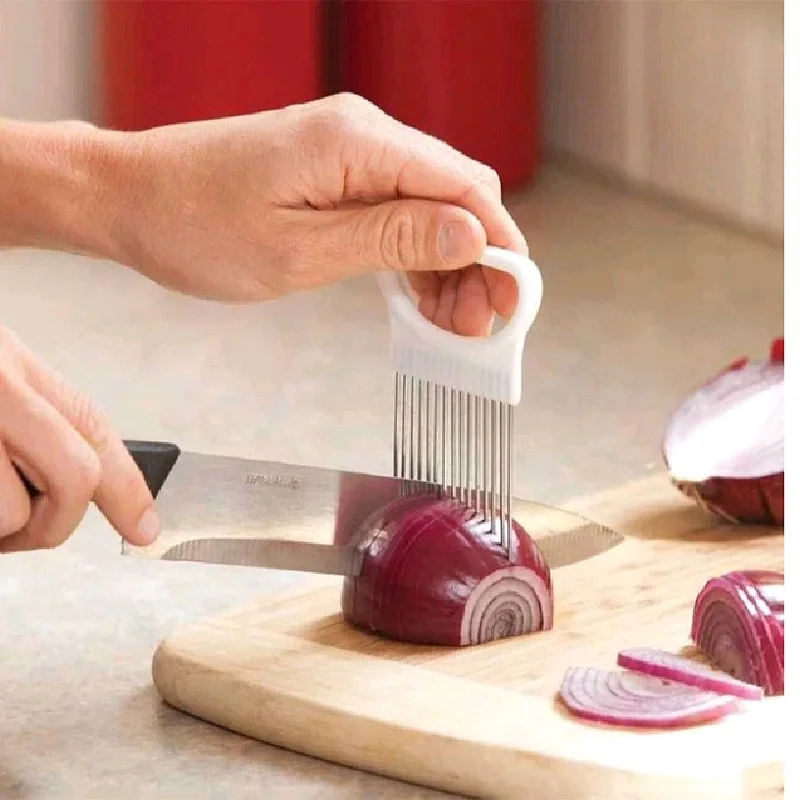 

Drop Shipping Onion Holder Kitchen Gadgets Handy Stainless Steel Tomato Slicer Vegetable Cutter Safety Cooking Kitchen Tools