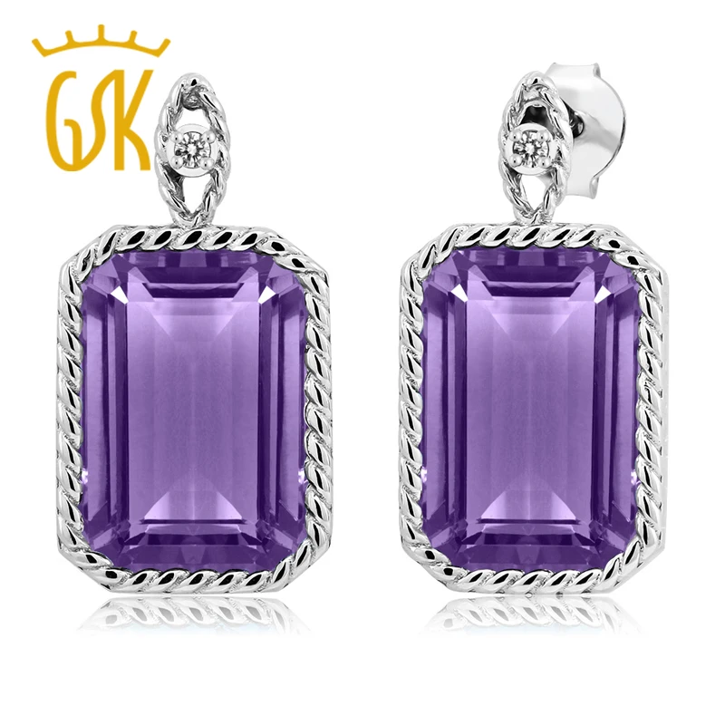 14.03 ct Octagon Фиолетовый Аметист Белый Diamond 925 стерлингов Серебряные серьги| |