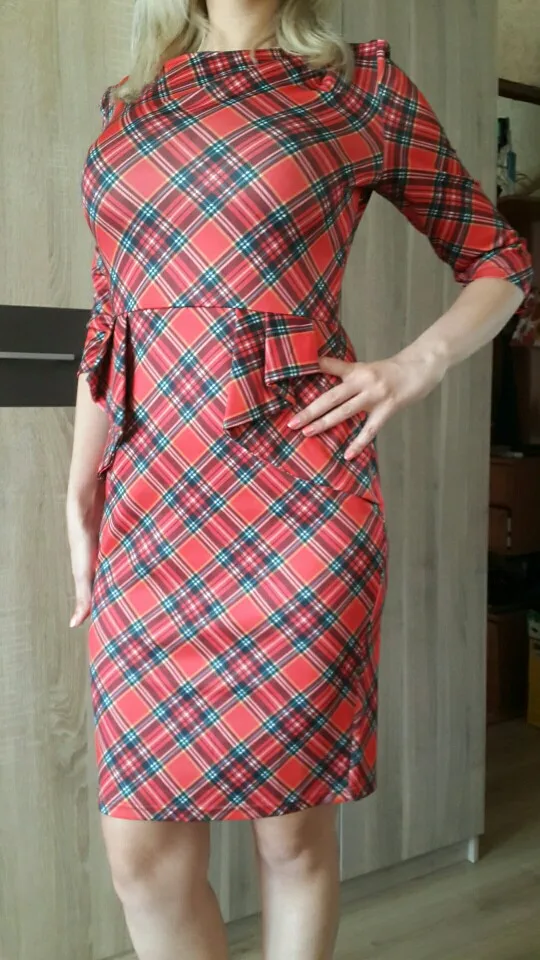 Весенне-осеннее женское элегантное красное клетчатое платье в шотландскую клетку с рюшами для офиса, работы, бизнеса, Повседневные Вечерние облегающие платья-карандаш HB267