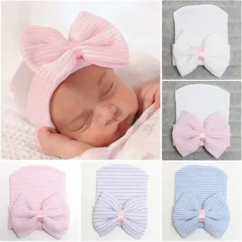 

Lovely Infant Baby Girls Striped Cap Newborn Girl Soft Beanie Hat with Bow