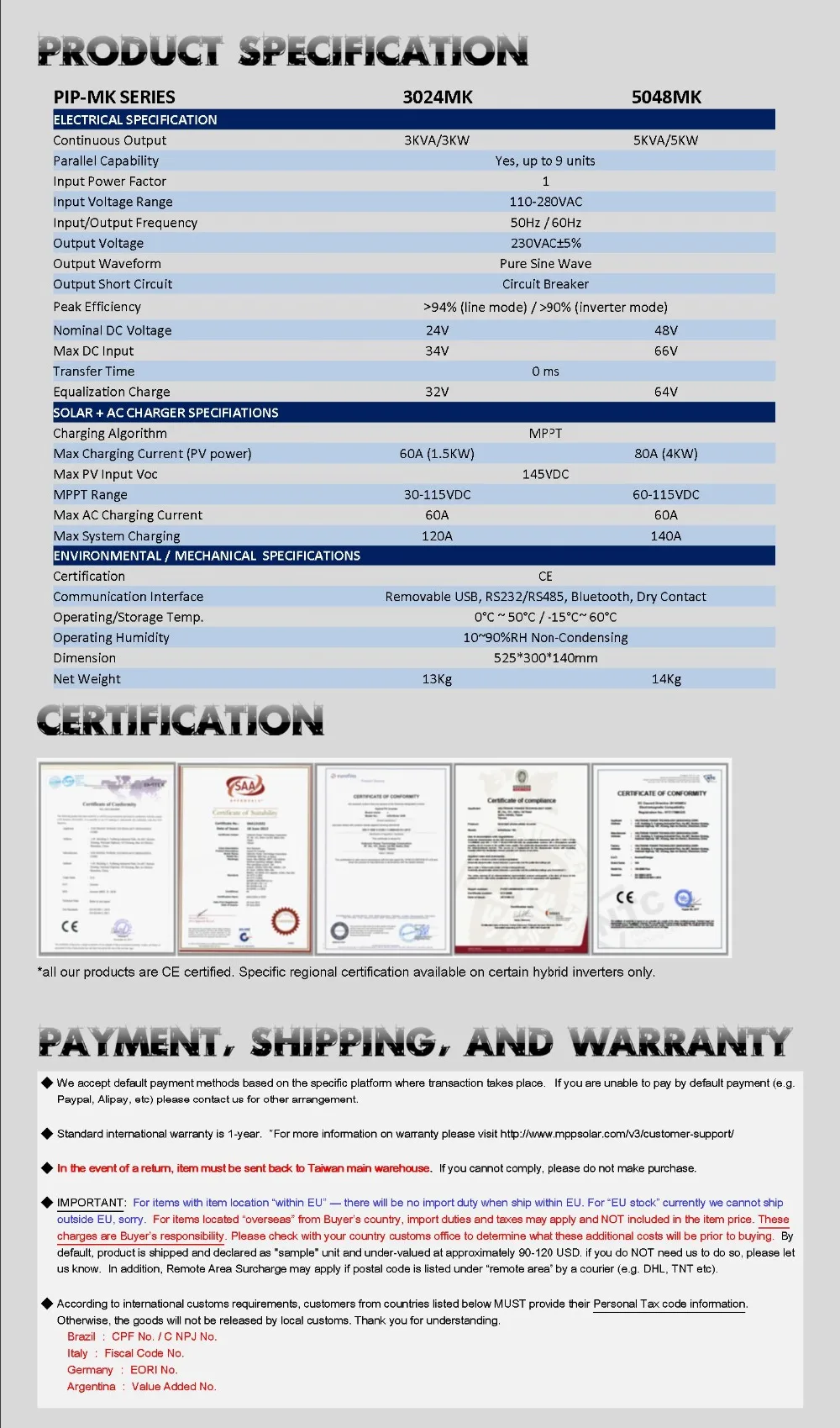 MK) 3000 Вт Солнечный инвертор 230vac 24vdc+ 60A MPPT Солнечное зарядное устройство+ зарядное устройство 60A+ нулевое время передачи