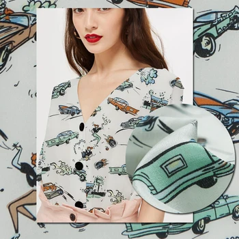 

Cartoon style car print white base pure silk crepe de chine fabric, sewing for shirt, blouse, dress, skirt, craft by the yard