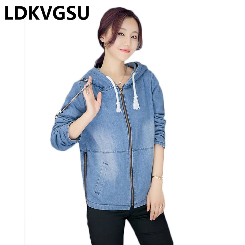 

Hot Hooded Denim Jacket Women 2018 Spring Autumn Harajuku Retro Outerwear Female Zipper Short Jeans Windbreaker Large Size Is365