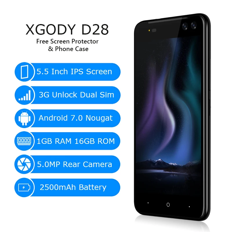 XGODY D28 3G Dual Sim Smartphone 5.5 Inch Android 7.0 Mobile Phone MTK6580 Quad Core 1GB 16GB Cellphone 2500mAh GPS 5MP Celular XGODY D28 3G Dual Sim Smartphone 5.5 Inch Android 7.0 Mobile Phone MTK6580 Quad Core 1GB 16GB Cellphone 2500mAh GPS 5MP Celular