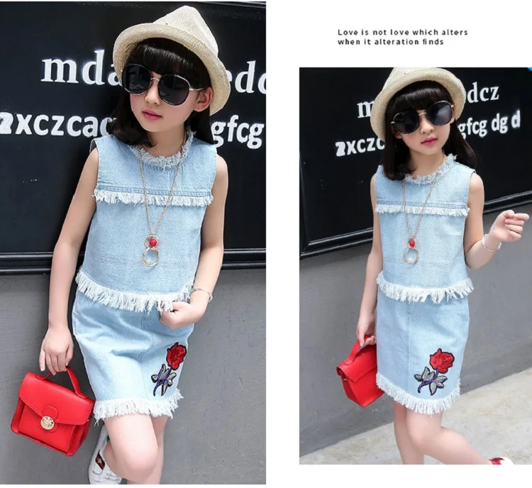 2017 Summer New Sweet Baby Girls Korean Style Dresses Sleeveless Vest+Floral Skirt Set Fashion Denim Kids Clothing Free Shipping