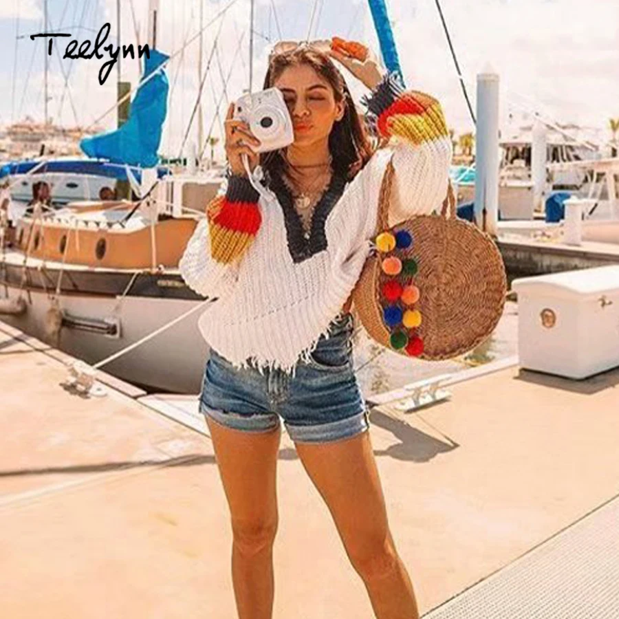 TEELYNN сплошной Бохо свитер 2018 Осень Длинные рукава Пуловеры sexy глубокий v-образным