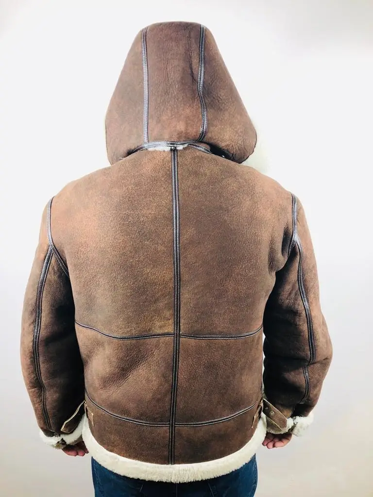 Turkish Production Male Hooded Pilot Antique Brown%100 Natural Leather Shearling Jacket