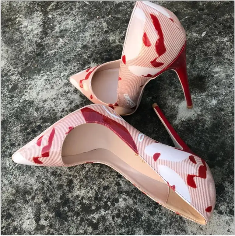 Sxzyqfw/красные лакированные туфли на высоком каблуке с принтом, женские пикантные туфли-лодочки на каблуке 12 см,, обувь без шнуровки с острым носком, ночные Клубная одежда Pigalle