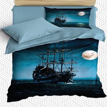 

Else 4 Piece Sailor Pirate Ship Night Moon Blue Kids 3D Print Cotton Satin Single Duvet Cover Bedding Set Pillow Case Bed Sheet