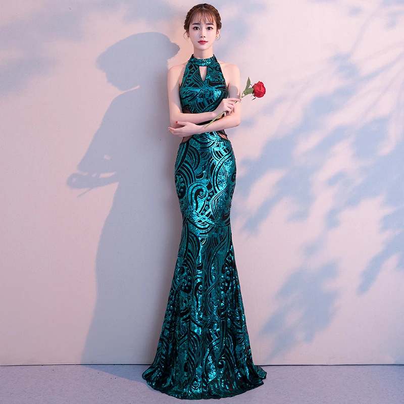 Weiyin новые сексуальные длинные вечерние платья русалки, роскошное зеленое вечернее платье с блестками, платья для выпускного вечера