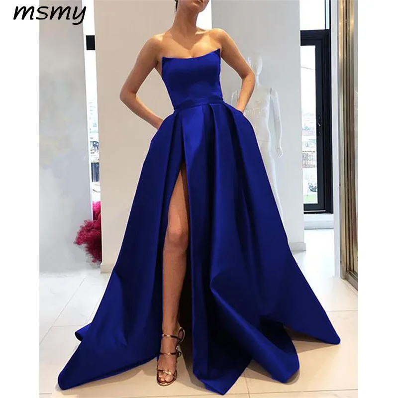 Royal Blue Prom Dresses Long 2019 Satin Strapless Evening Gowns With Slit