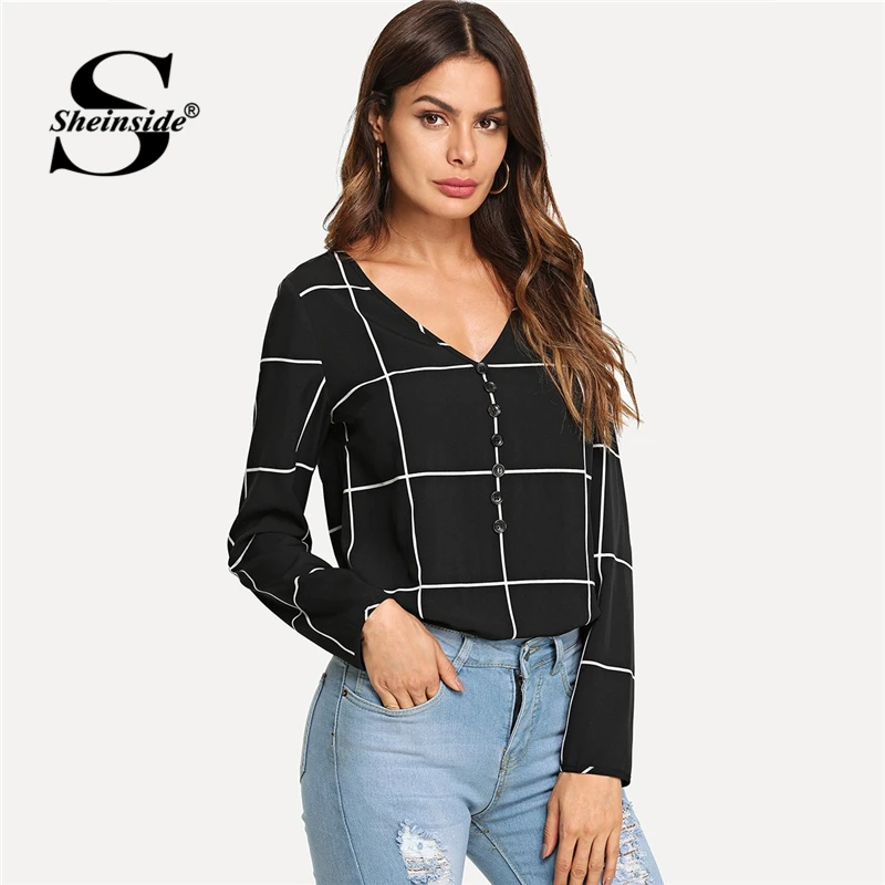 

Sheinside Button Front V-Neck Plaid Top Women Blouse Black Long Sleeve Shirt Casual Summer Tops For Women 2018 Ladies Blouses