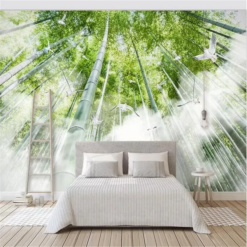 

Modern minimalist fresh cloud artistic conception bamboo forest bird background wall manufacturers wholesale wallpaper murals cu