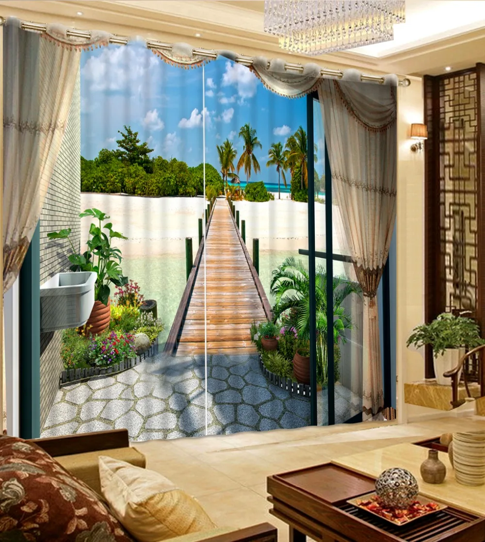 European Curtain Custom Photo balcony sea view buautiful Curtains For
