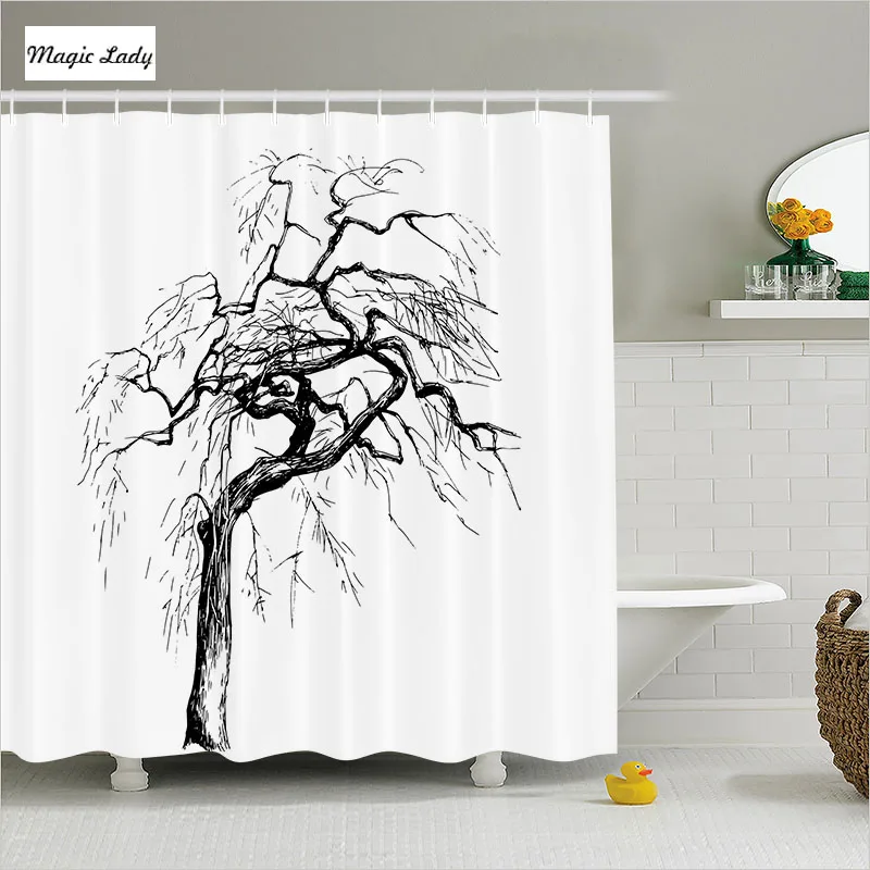 Shower Curtain Tree Bathroom Accessories Illustration Autumn Branches