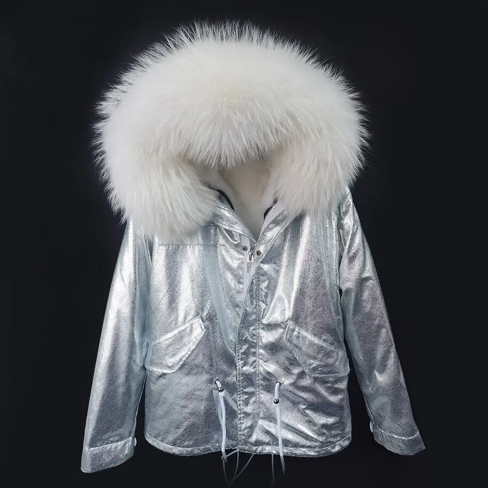 Новое женское зимнее пальто из серебряного меха лисы Воротник с натуральным мехом енота Парка для улицы - Цвет: color 6