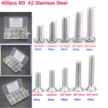 400 шт M3 A2 кнопка из нержавеющей стали и плоская головка ассортимент винтов комплект