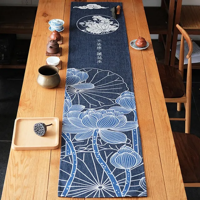 Linen Table Runner Japanese Style Lotus Pattern Table Runners Dustproof
