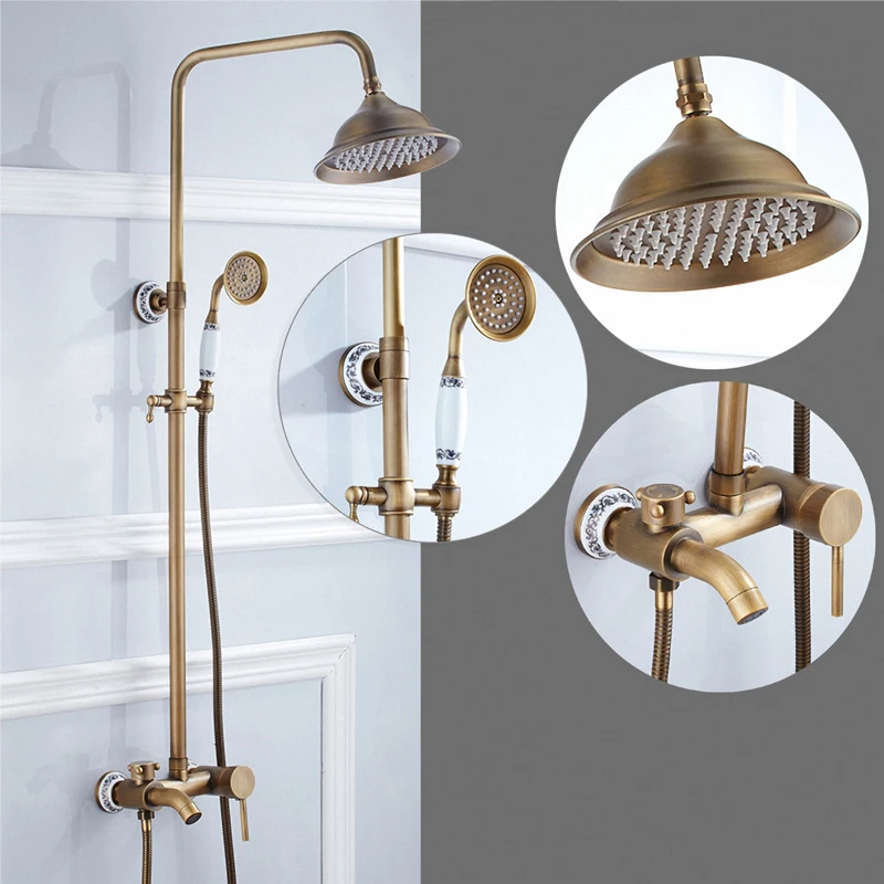 Luxury Classic Exposed Shower System Rainfall Handheld Shower Head Set with Tub Spout in Antique Brass,  Brass with Ceramic
