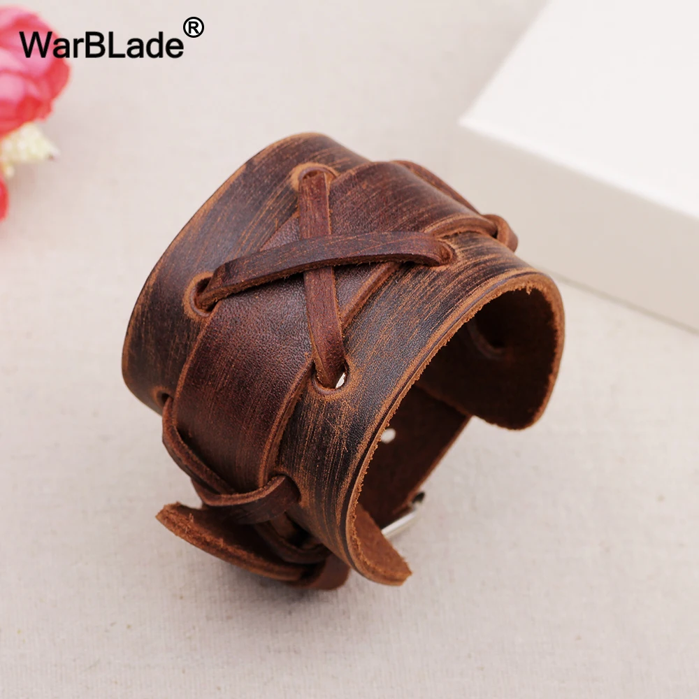 WarBLade 2018 New Fashion Black Brown Genuine Leather Wide Bracelet Bangles Cuff Wristband Rock Punk Women Men Bracelets