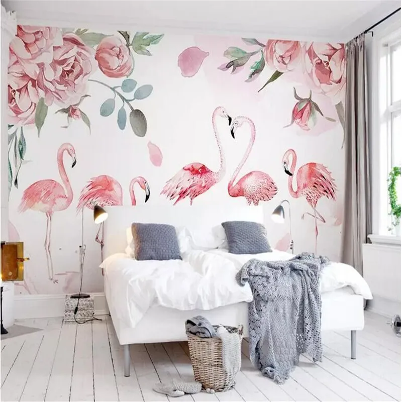 

Pink Medieval Flamingo Watercolor Rose Flower TV Wall Manufacturer Wholesale Wallpaper Mural Custom Photo Wall