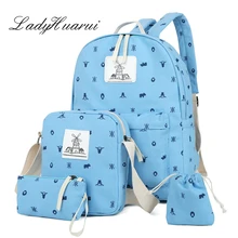 4 Teile/satz Adrette frauen rucksack leinwand druck schultaschen für jugendliche mädchen rucksäcke nette schul kinder stift Q3