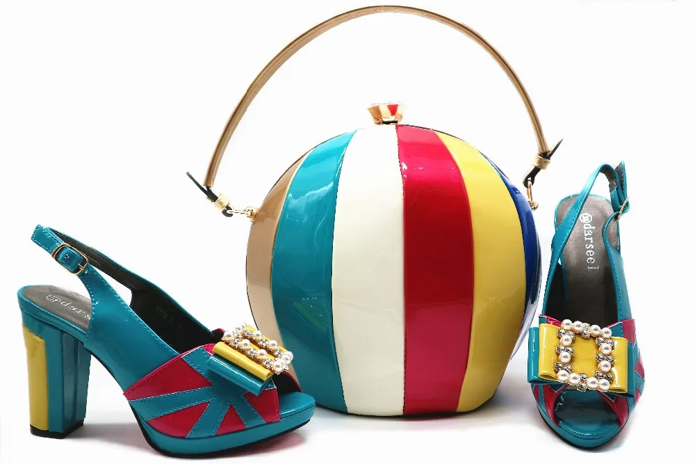 

Italian new design shoes and bag matching set shoe bag mixed color teal and fushia pink women sandal shoes and bags SB8134-4