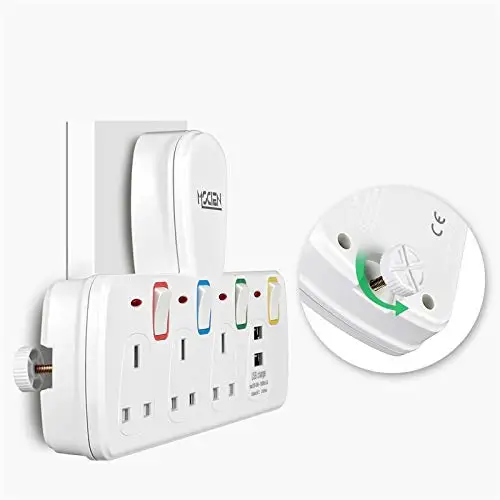Mscien 3 Way UK Plug 2 USB Ports Extension Adaptor Multi Wall Socket with Individually Switches and Neon Indicators 13Amp Surge Protected without Cable