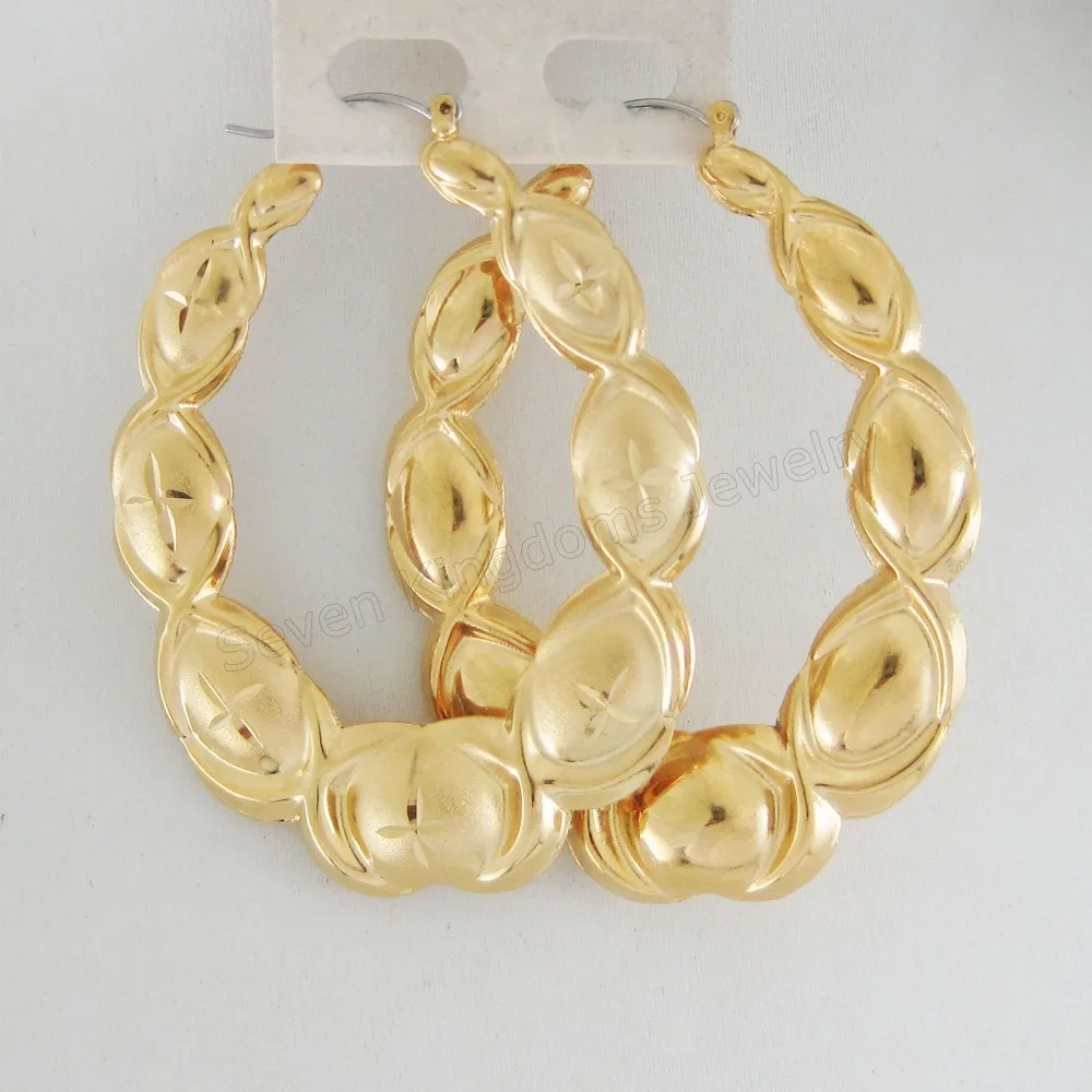 

MIN ORDER 10$ CAN MIX DESIGN/STAR CARVED SURFACE HOLLOW 24K YELLOW GOLD GP BIG HOOP TALL 68MM 2.7" OVAL SHRIMP SHAPE EARRING